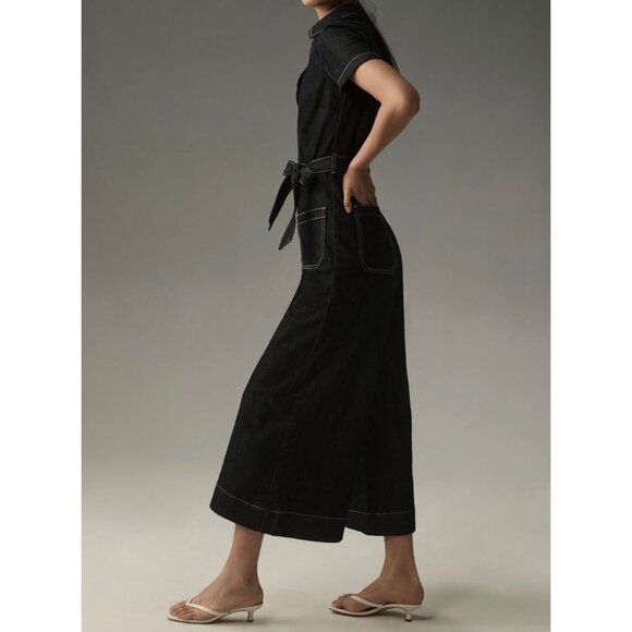 Maeve Anthropologie The Colette Denim Wide Leg Wrap Jumpsuit Size 8 Black - Picture 3 of 7